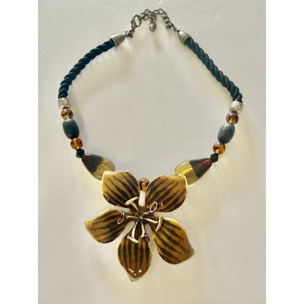 Chico's Vintage Boho Orange Brown Glass Beaded Necklace Enamel Metal Flower